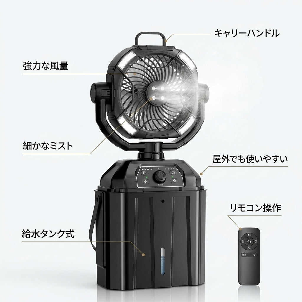 氷クール｜屋外ミスト冷風扇｜4連ミスト・大容量タンク・リモコン付き
