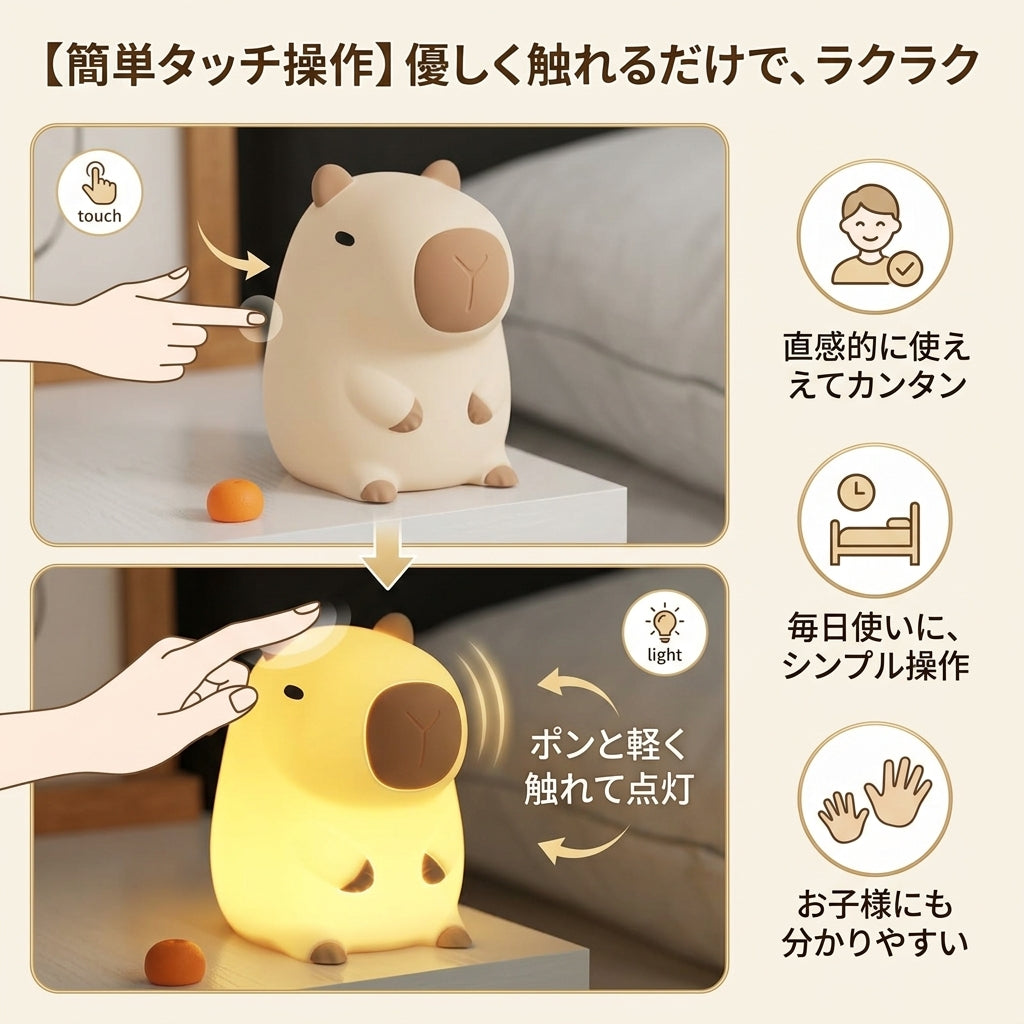 【人気】ぷにぷにカピバラナイトライト｜タッチ式・USB充電・やさしい灯り
