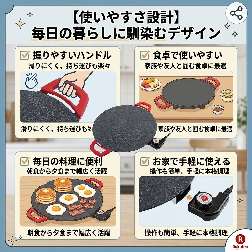 【おすすめ】煙が出にくい卓上電気グリル 36cm｜5段階温度調節・ノンスティック加工
