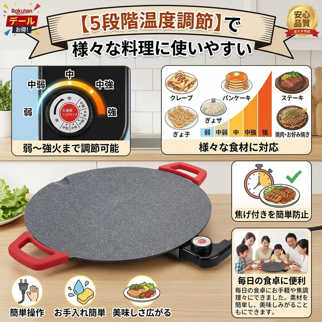 【おすすめ】煙が出にくい卓上電気グリル 36cm｜5段階温度調節・ノンスティック加工