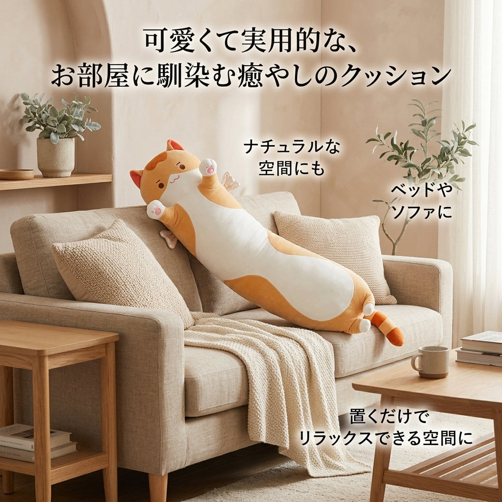 【人気】ふわふわロングキャットクッション 50cm｜抱き枕・ソファ・ベッドに