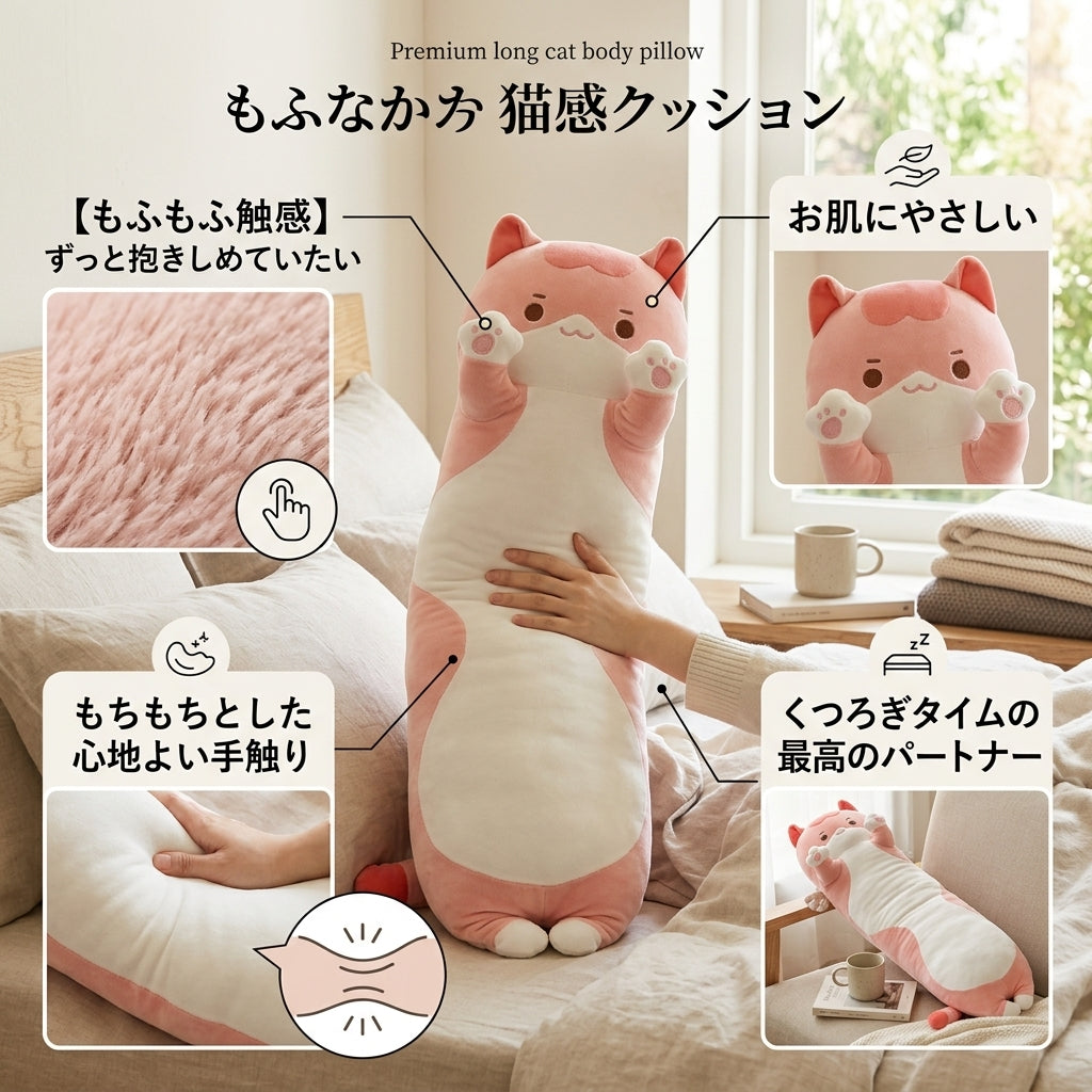 【人気】ふわふわロングキャットクッション 50cm｜抱き枕・ソファ・ベッドに