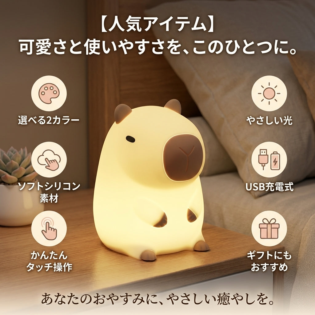 【人気】ぷにぷにカピバラナイトライト｜タッチ式・USB充電・やさしい灯り